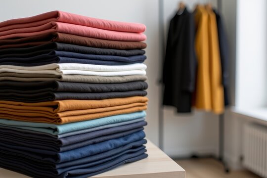 Stack of folded colorful sweaters on a table with hanging coats in the background.
