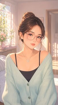 Young woman with stylish eyeglasses and hair up wearing a soft knitted sweater eyeglasses portrait feminine romantic attractive lifestyle artistic charming youthful delicate intellectual