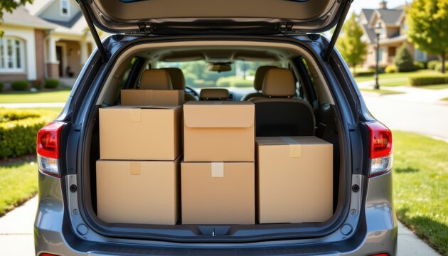 Car trunk filled with stacked cardboard boxes ready for moving or delivery in a suburban neighborhood.