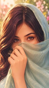 Close-up portrait of young woman wearing light blue traditional headscarf with portrait headscarf traditional close-up beautiful mysterious graceful adornment features expression glamorous