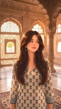 Portrait of a young woman wearing traditional floral patterned clothing in an ornate historical palace interior with portrait clothing traditional architecture lifestyle lighting attractive