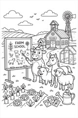 Obraz premium Charming Farm Scene with Animals and School Setting in Black and White Illustration