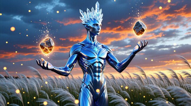 Blue alien wears crystal crown in field. Extraterrestrial creature uses magic telekinesis to levitate glowing stones above hands. Space fantasy character stands in grass under sunset sky. Futuristic