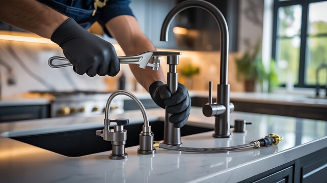 Plumber using wrench to fix kitchen sink faucet