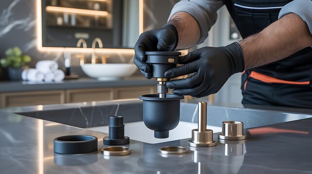 Plumber installing a new kitchen sink faucet drain