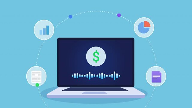 Animated flat vector motion graphic featuring an AI revenue dashboard on a laptop with finance, analytics, report, and document icons. Ideal for business intelligence, financial analysis, and artifici