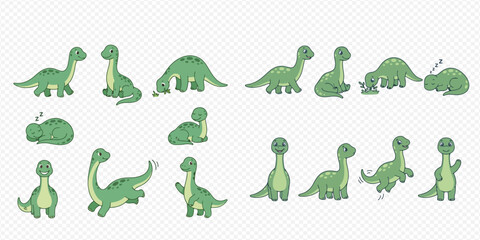 Set of cute green cartoon dinosaurs in various poses, including standing, sitting, sleeping, and eating, isolated on a transparent background. © Akun