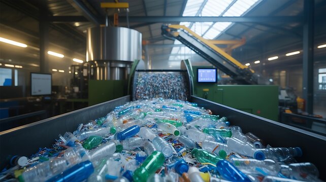 Plastic bottles moving on a conveyor belt at recycling plant