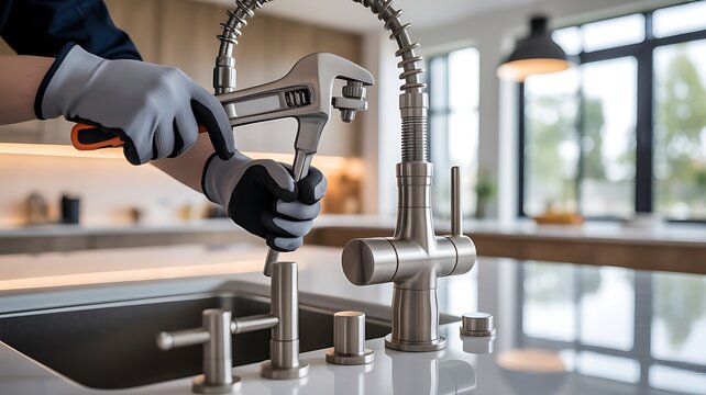 Plumber installing a modern kitchen faucet in a home
