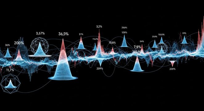 A digital rendering of a complex network of interconnected data points and lines, with a background of a dark, abstract pattern.