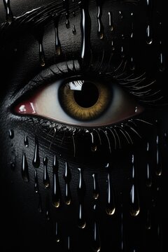 Artistic eye with black paint drips creating striking contrast.