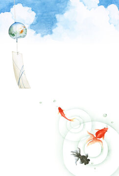 暑中見舞いハガキ　風鈴 金魚　水彩 イラスト