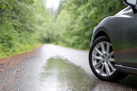 Low angle view of dark gray car wheel on wet rural asphalt reflecting green trees