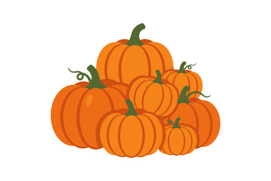 A pile of orange pumpkins with green stems on white background