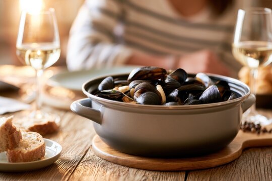 A family in Provence enjoys a cozy meal of steaming mussels, bread, and wine on a rustic table