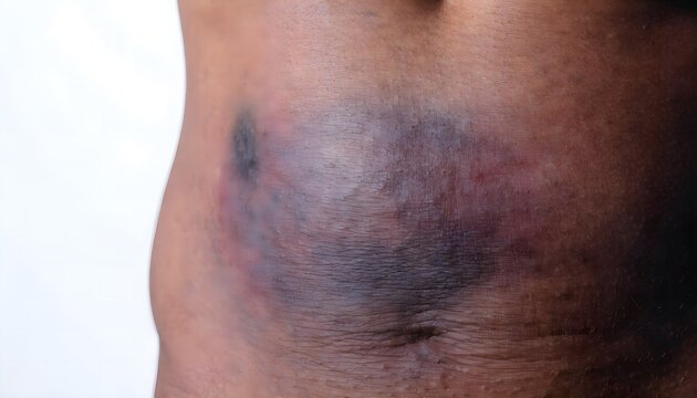 Male lower abdominal impact injury and hematoma on white background. Detailed skin texture of athletic stomach bruise for sports medicine reference.