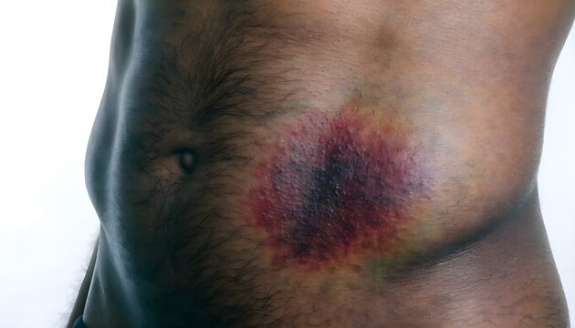 Male lower abdominal impact injury and hematoma on white background. Detailed skin texture of athletic stomach bruise for sports medicine reference.
