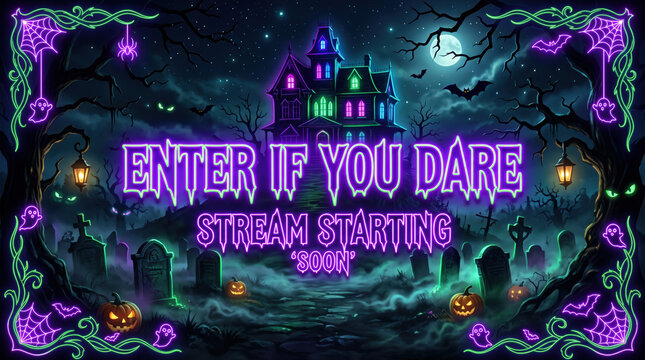 Gaming stream overlay screen template for twitch broadcast. Halloween-themed gaming stream overlay template featuring haunted house, pumpkins, and spooky elements for Twitch