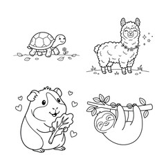 Fototapeta premium Cute cartoon animals illustrations of turtle llama hamster and sloth in simple line art style