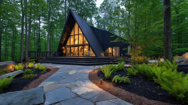 Modern black A-frame cabin on a deck surrounded by trees