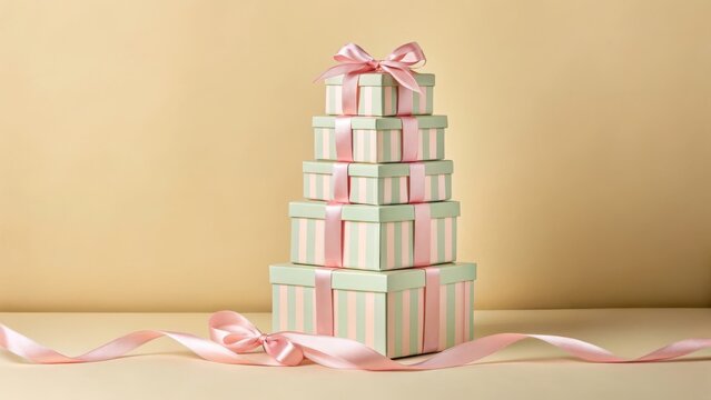 A tall stack of striped gift boxes wrapped with pink ribbons for a special celebration or holiday event