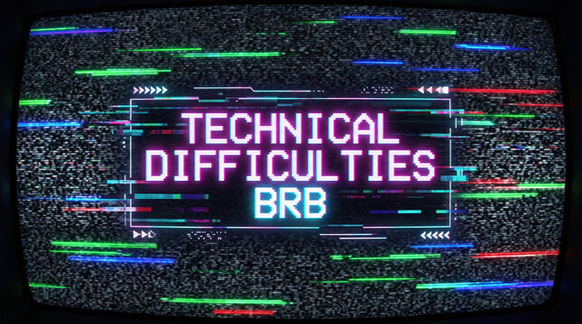 Gaming stream overlay screen template for twitch broadcast. Gaming stream overlay screen template with retro design displaying technical difficulties message and colorful glitch effects