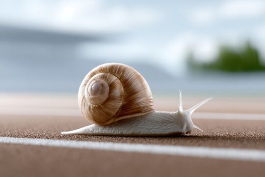 A pale snail with a brown shell moves quickly across a track, sky and green plants in background