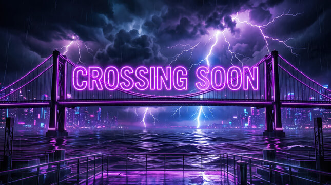 Gaming stream overlay screen template for twitch broadcast. Neon sign reading "CROSSING SOON" illuminated over a stormy bridge with lightning and city skyline in the background