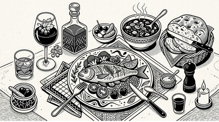 Delicious food and drink setting table.