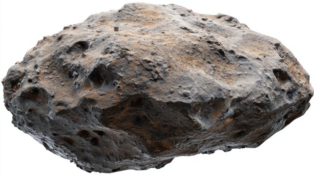 A realistic asteroid floats, its gray and brown surface covered in craters and rough textures