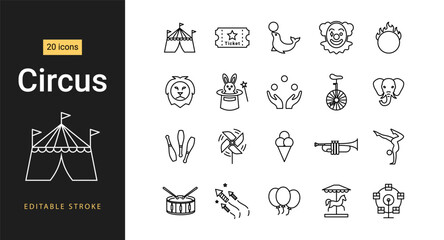 Circus icon set. Vector line icons with editable stroke including big top tent, clown, magician hat, unicycle, acrobat, ticket, and carnival amusement park symbols. © stock9999