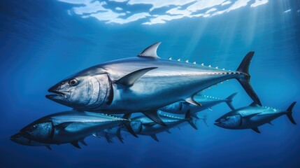 Naklejka premium Bluefin tuna swimming in deep blue ocean waters