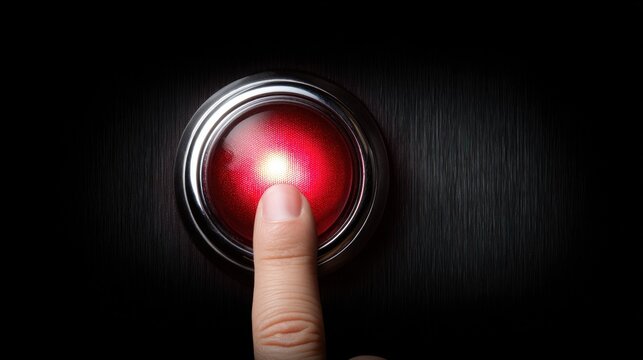 A finger presses a glowing red button on dark metal for urgent assistance and alerts