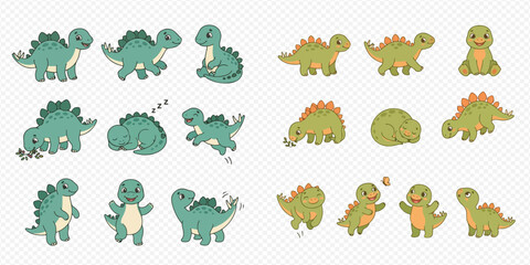 Set of cute cartoon baby dinosaurs in various poses, including walking, sitting, sleeping, and playing, isolated on a transparent background. © Akun
