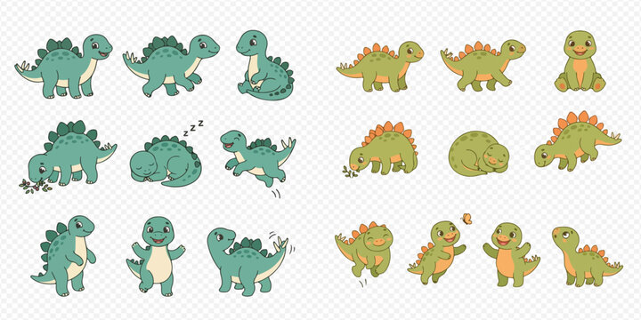 Set of cute cartoon baby dinosaurs in various poses, including walking, sitting, sleeping, and playing, isolated on a transparent background.