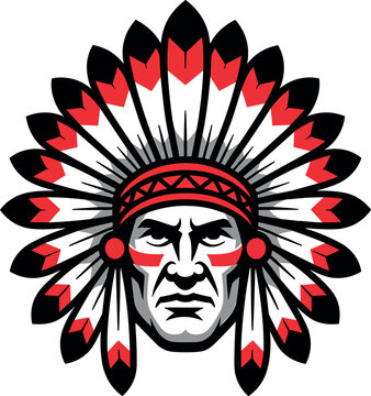 Native American chief mascot vector illustration wearing traditional feather war bonnet headdress for sports team logo