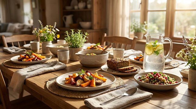 Rustic wooden table set for healthy morning breakfast.