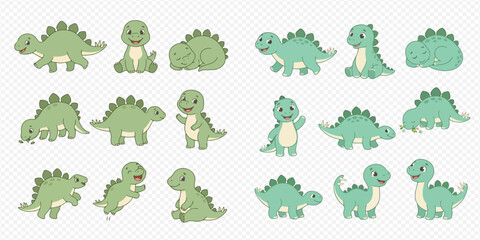 Cute cartoon baby dinosaur characters in various poses, adorable prehistoric animal collection for kids design. © Akun