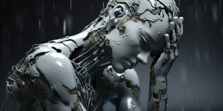 Reflective humanoid robot in the rain