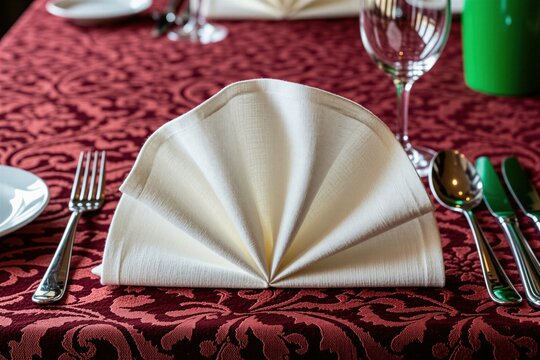 Elegant restaurant table setting with white napkin folded like fan on deep red tablecloth. Shiny metal cutlery including fork spoon knife arranged beside crystal glasses. Pro catering service place