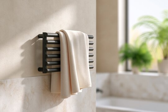 Luxury matte black towel radiator displays soft warm towels in a modern bathroom with daylight