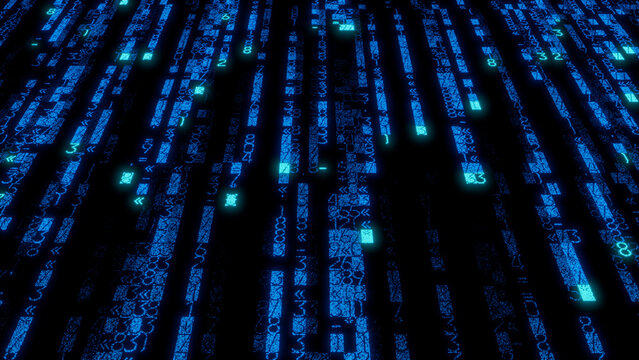 High-Resolution Blue and Green Digital Matrix with Varied Line Thickness on Black Background - Complex Abstract Art for Technology, Data Visualization, and Digital Design Applications