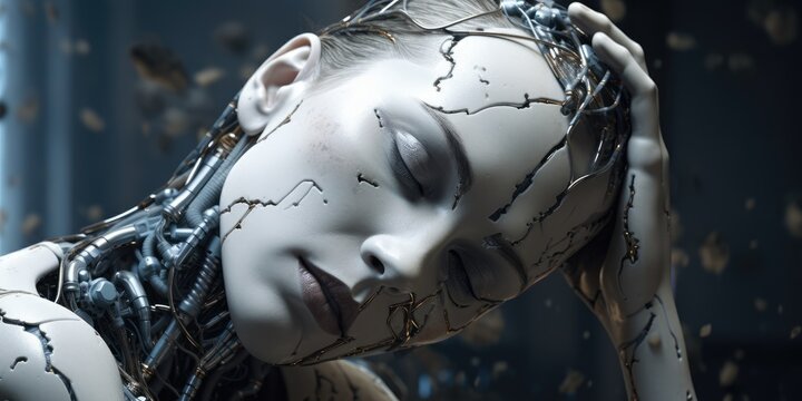 Futuristic female android in deep contemplation