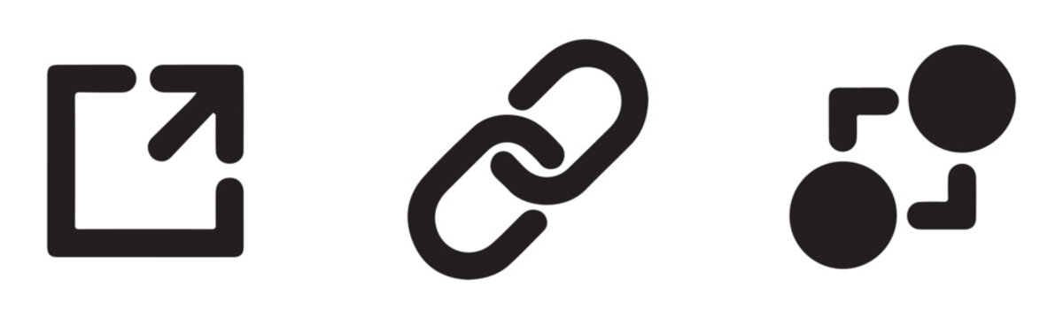 Graphic collection showing open link icon next to a chain link and a circular structure flow symbol.