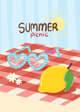Summer picnic invitation with a lemon and heart-shaped sunglasses on a red checkered blanket, under a bright sun, Summer Postcard Design Lemon illustration hand drawn