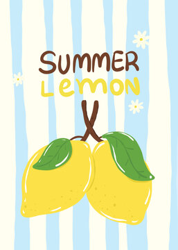 summer lemon drawing with white and blue background, Summer Postcard Design Lemon illustration hand drawn
