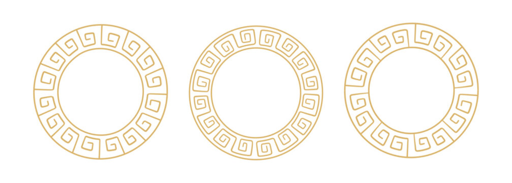 Ancient Greek hand drawn ornament circle frame. Hand drawn gold Rome round border. Doodle ancient motif border design. Ancient ornament circle element. Vector illustration isolated on white background