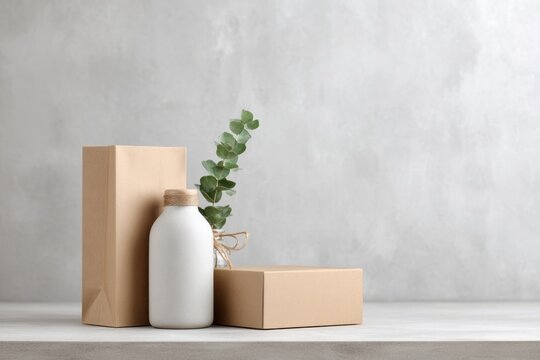 Sustainable packaging items and a eucalyptus branch arranged on a grey table