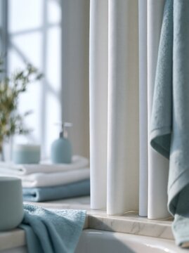 Clean, modern bathroom with a white curtain, blue towels, a soap dispenser, and natural light