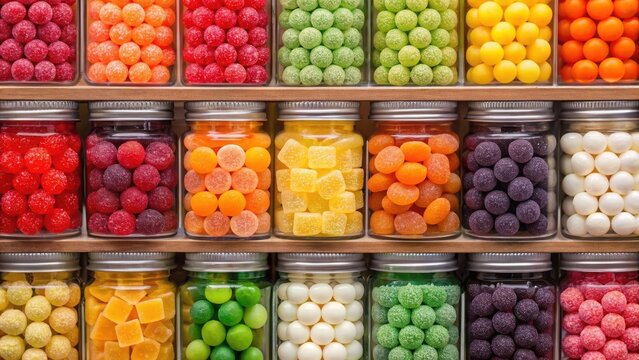 Many glass jars filled with colorful sweet candy balls arranged on wooden shelves in a candy store